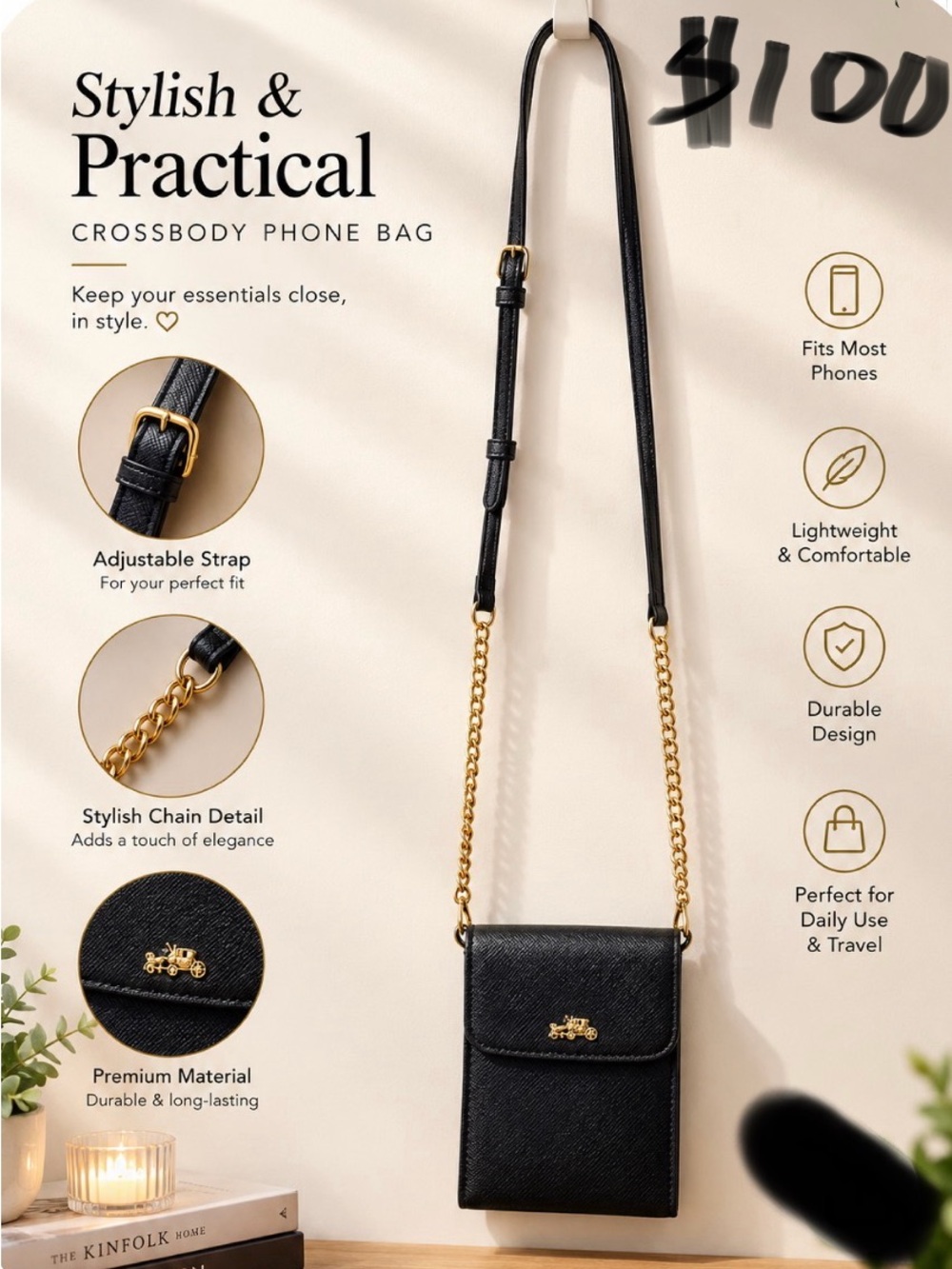 Stylish Black Crossbody Phone Bag with Gold Chain